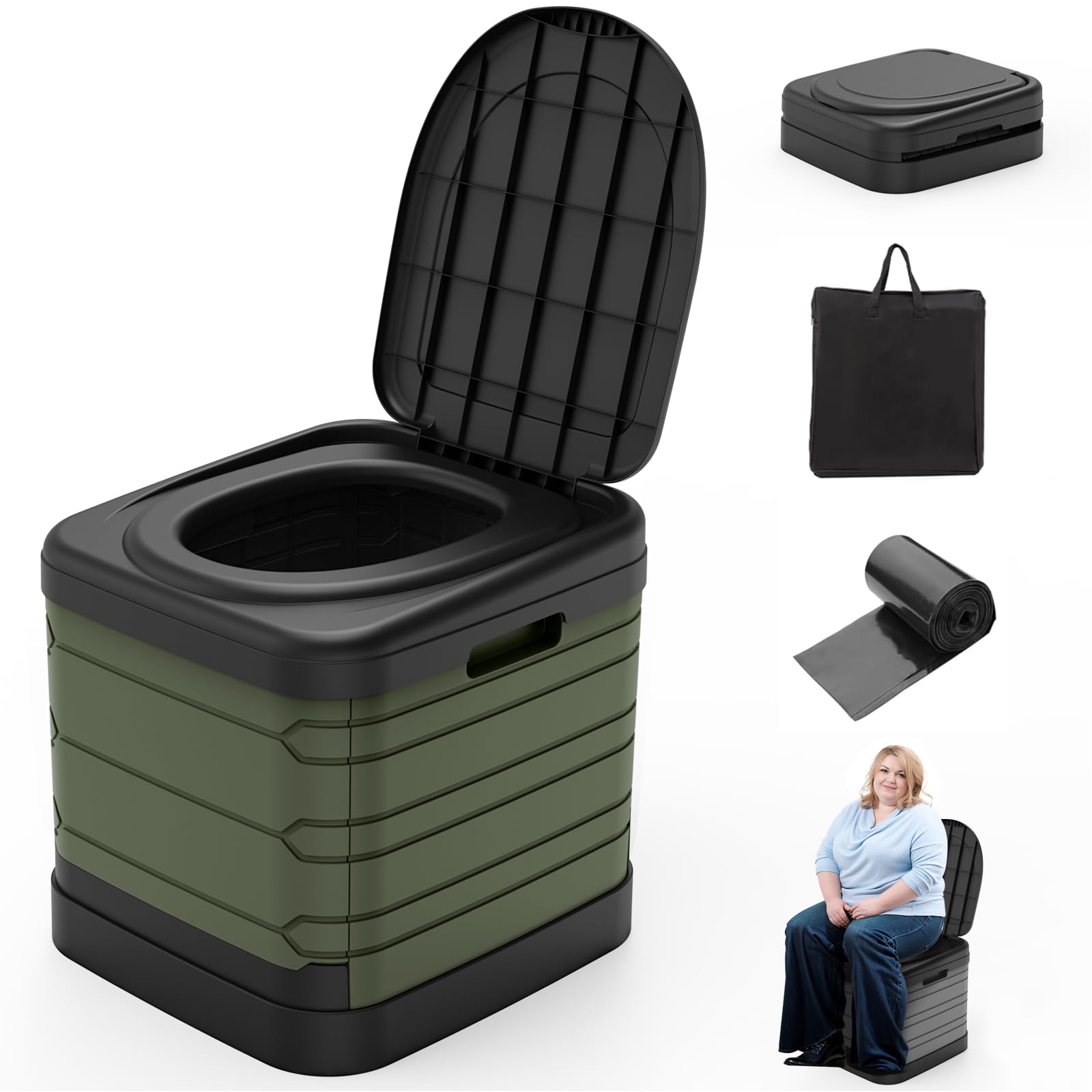 camperfect xxl portable toilet for adults, upgraded camping toilets collapsible toilet extra large 16.7-inch high porta potty for camping outdoor activities and travel, 18.1‘’*16.7''*16.7''