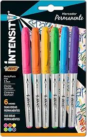 Pincel Marcador Permanente BIC Marking Color, Ponta Média de 1.1mm, 6 Cores Vivas, c/ Grip Emborrachado, 891633