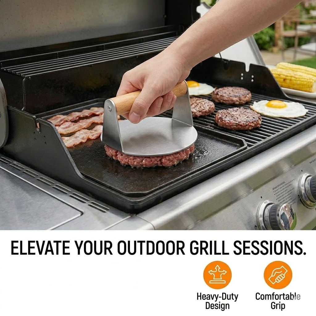 Pressa per Hamburger in Acciaio Inox Ø 14 cm, Schiacciacarne Professionale con Manico in Legno incl. 50 Dischi di Carta Forno, Smash Burger Press per Grill e Padella, Ideale per Steak, Bacon e Panini