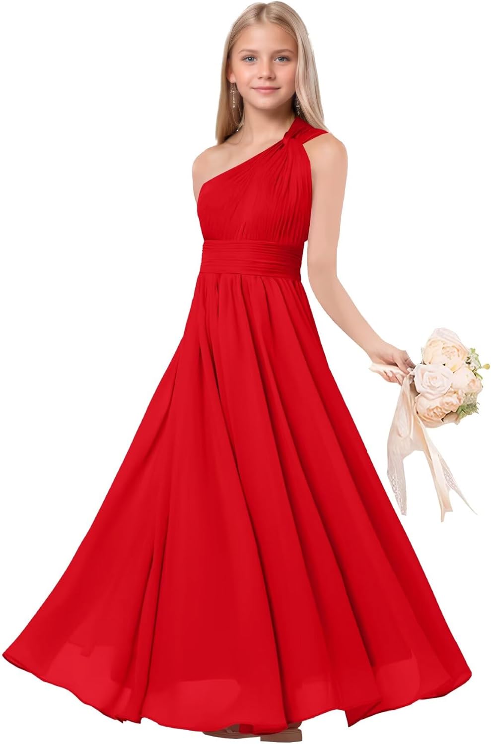 One Shoulder Junior Bridesmaid Dresses Pleated Chiffon Flower Girl Dresses for Wedding Teen Girls Pageant Gowns