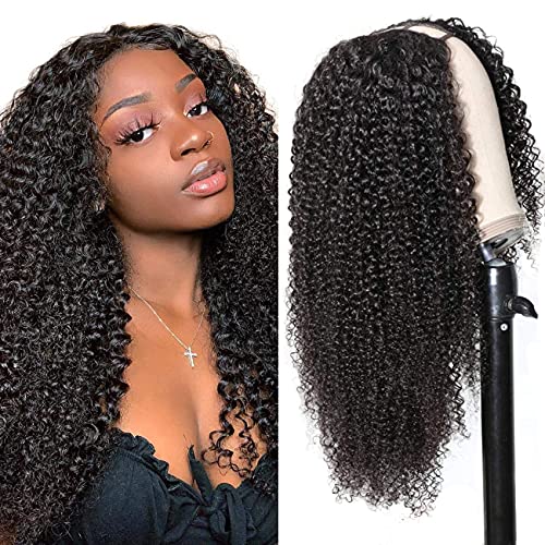 Afro Kinky Curly Human Hair Wig U Part Human Hair, Hepoiss Brazilian Virgin Human Hair Glueless Machine Made Wig, Hepoiss Kinky Curly Wig Hair 2X4 U Shape Wig (18", U Part Curly Wigs)