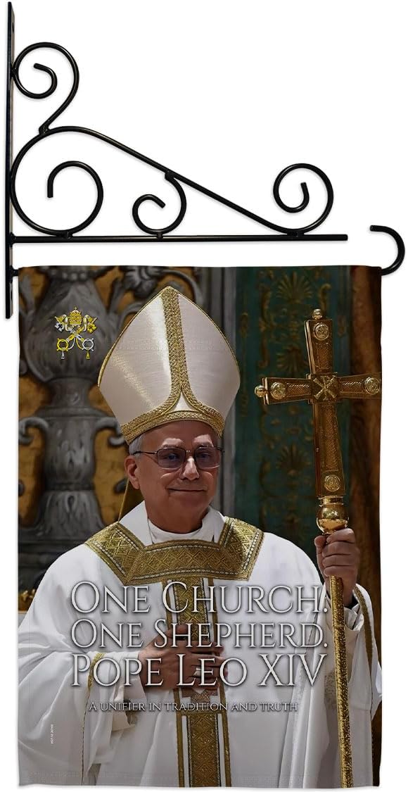 One Church One Shepherd Pope Leo XIV Wall Decor Set Canvas Flag Holder Memorabilia Religiou Yard Sign Picture Print Habemus Papam Decorations American Papal Vatican Tapestry Catholic Gifts Made In USA