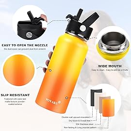 Water Bottle Insulated 32oz 40oz 64oz 128oz Straw Lid Spout Lid & 3 Lids, Leak Proof, Vacuum Insulated,Stainless Steel Water Bottle Wide Mouth for Sports, Gym or Office (Yellow Orange, 32 oz)