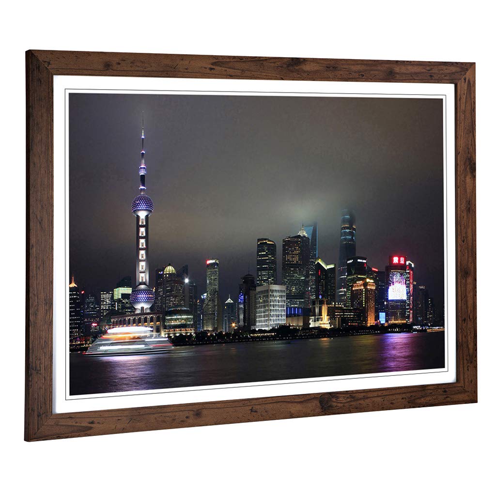 Big Box Art Framed Print of Shanghai China Skyline (1) Design | Wall Art Picture | Home Decor for Kitchen, Living, Dining Room, Bedroom, Hallway, Office, Walnut, A2 / 24.5x18 Inch / 62x45cm