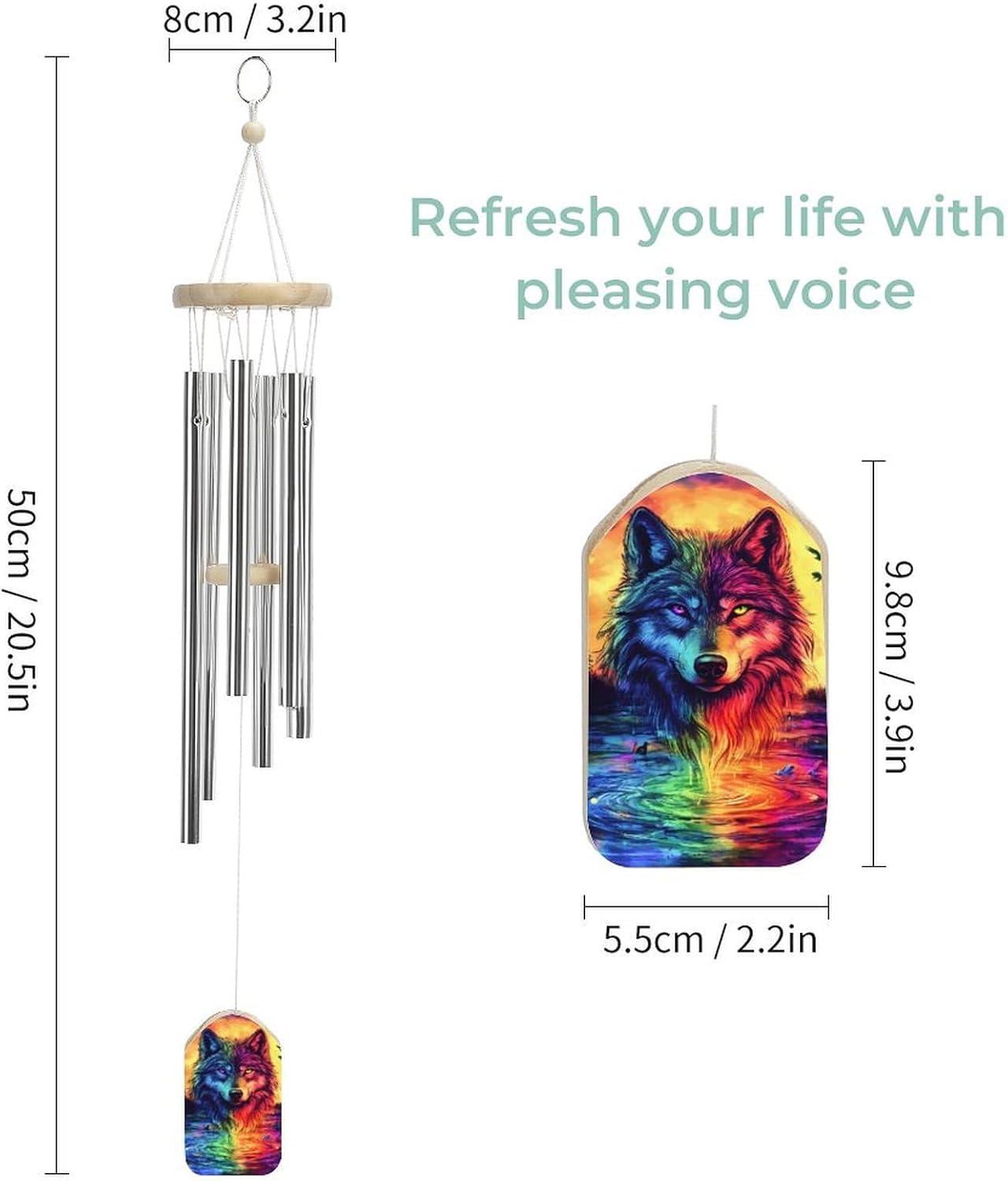 Colorful Wolf Wooden Wind Chimes Deep Tone Memorial Windchime for Outside Garden Home Decoration