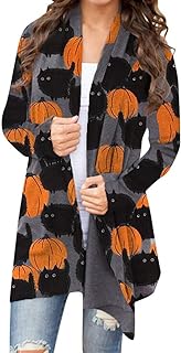 Halloween Cardigan for Women Pumpkin Cat Print Knitting Cardigans Long Sleeve Open Front Sweaters Knitted Outwear Coat