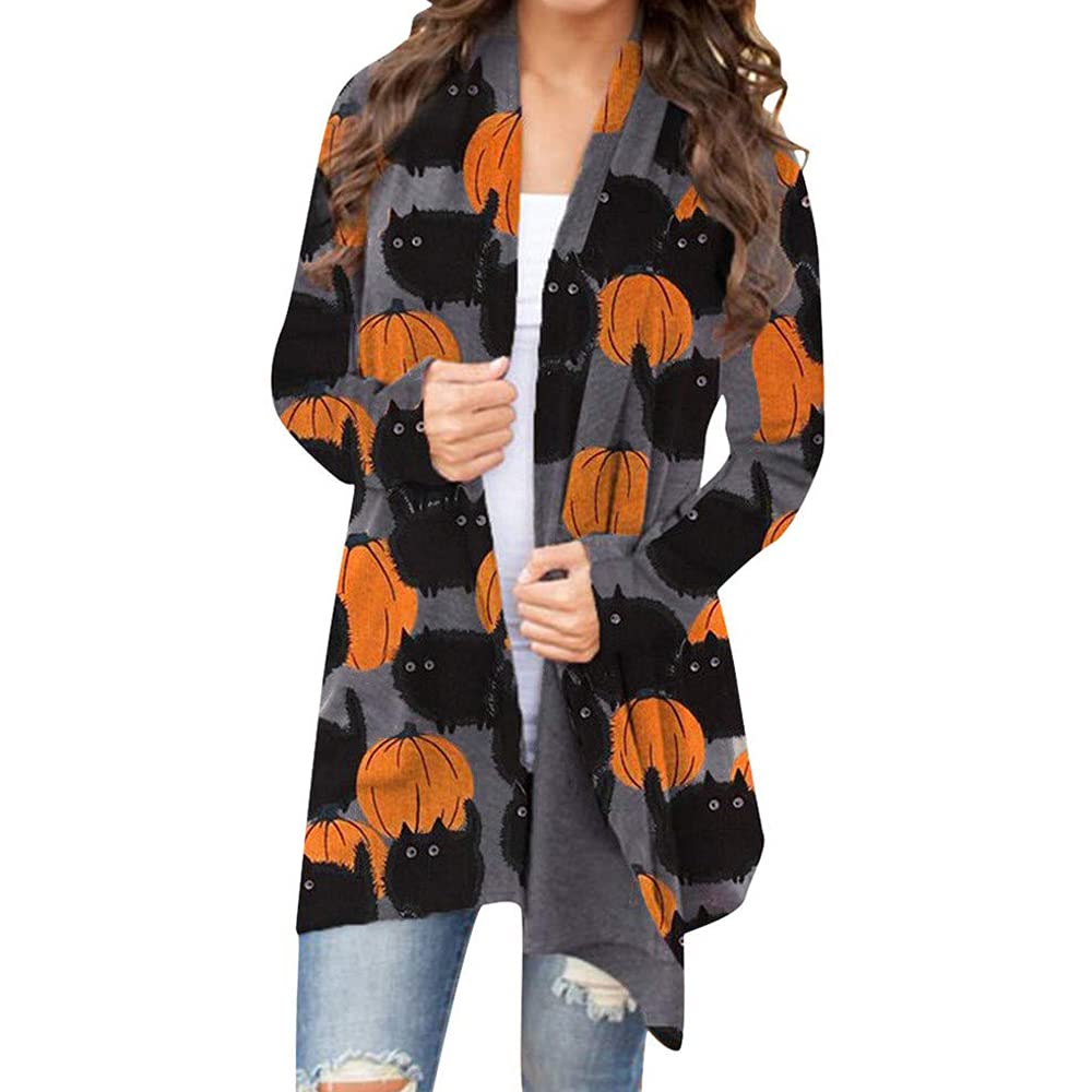 Women's Halloween Pumpkin Cat Print Knitting Cardigan Long Sleeve Open Front Knitted Sweater Outwear Coat Tops (Deep Gray