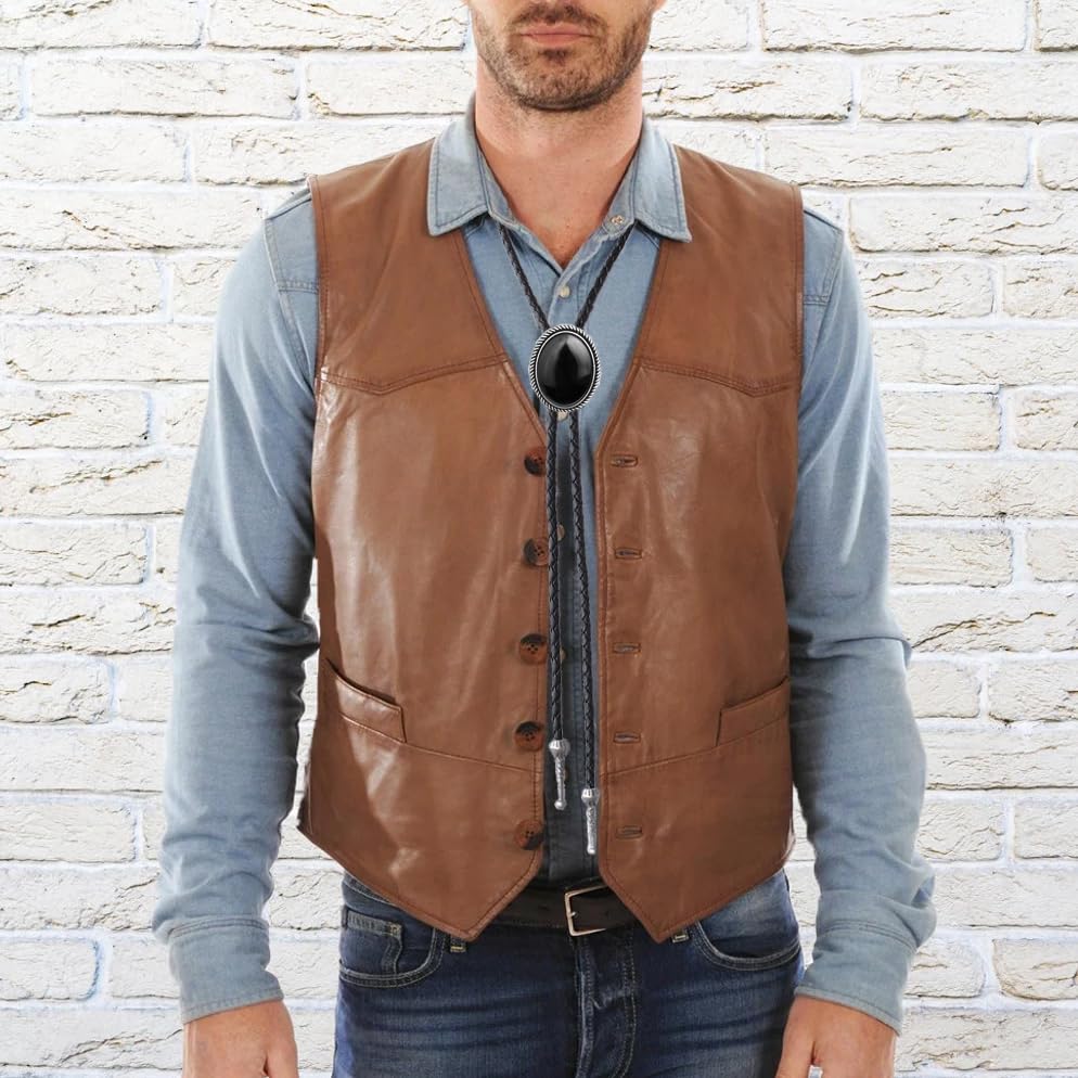 Image of Joxevyia Bolo Tie for Men Vintage Cow Skull Leather Rope Western Cowboy Necktie Vintage Bola Tie Gift for Him