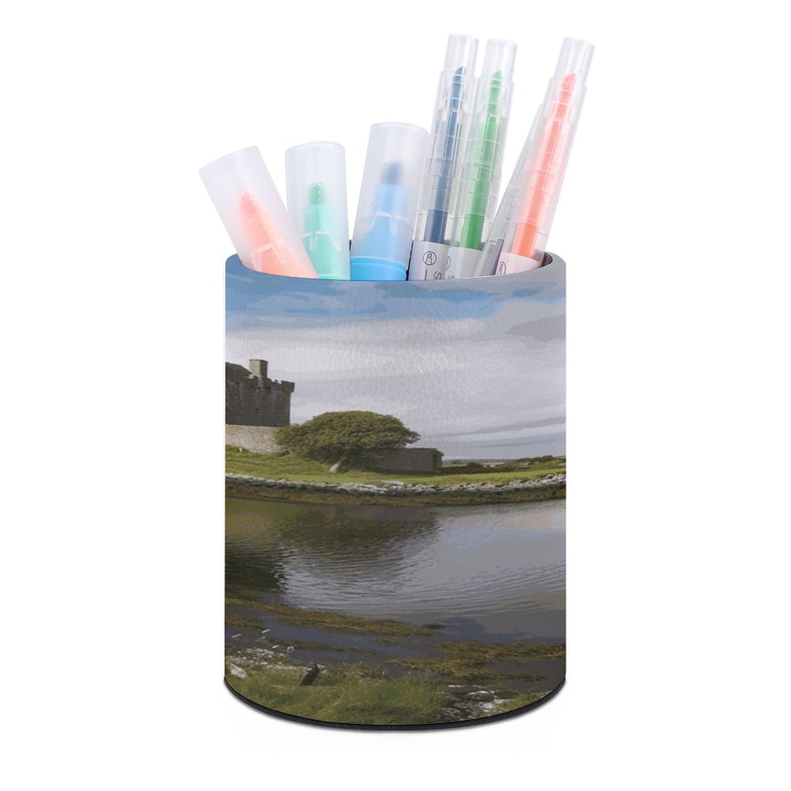 LDGSUPH View of The Dunguaire Castle Round Pen Holder Leather Pen Cup Pencil Cup Pen Organizer Pencil Holder for Desk Organizer Pencil Organizers Makeup Brush Holders for Home Office Gift