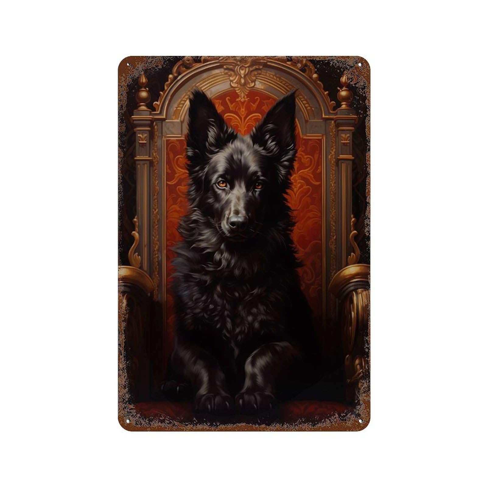 Black German Shepherd Dog on Throne Retro Metal Sign 11.8"x7.9", Farmhouse Wall Decor for Cafe, Home Bar And Lounge Decor