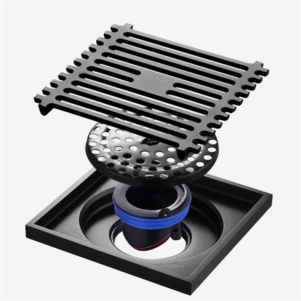 XBTGS Desagüe de suelo antiolor para baño, núcleo de drenaje de piso de cobre, alcantarillado, antibloqueo, drenaje de suelo de gran capacidad, chapado en cromo, doble uso, 10 x 10 cm, negro, doble