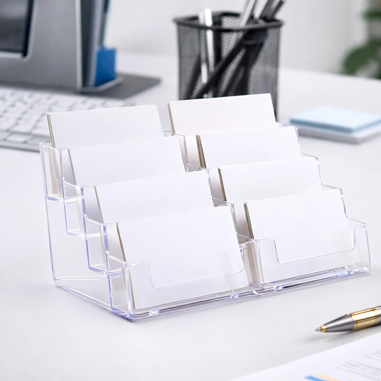 Lot de 4 présentoirs pour cartes de visite, porte-cartes de visite multi-niveaux, organisateur de bureau à 4 niveaux, design transparent, gain de place, base stable, pour bureau, salons professionnels