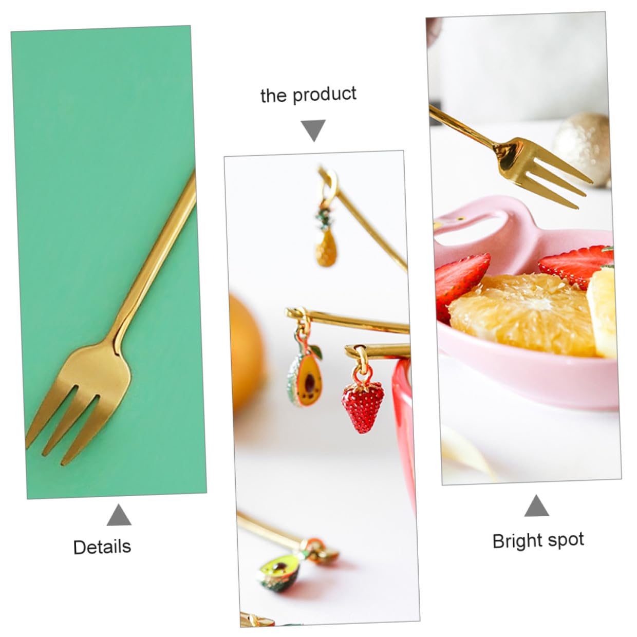 Tenedores de Postre Decorativos Colgante de Fruta, 4 Piezas | Acero Inoxidable Dorado, Pulido Espejo, Agarre Cómodo y Estilo Creativo para Mesa y Café