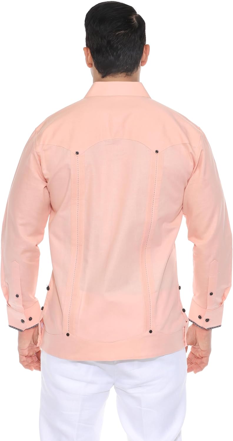 Mojito Collection Men's 100% Linen Guayabera Shirt Long Sleeve with Print Trim Accent