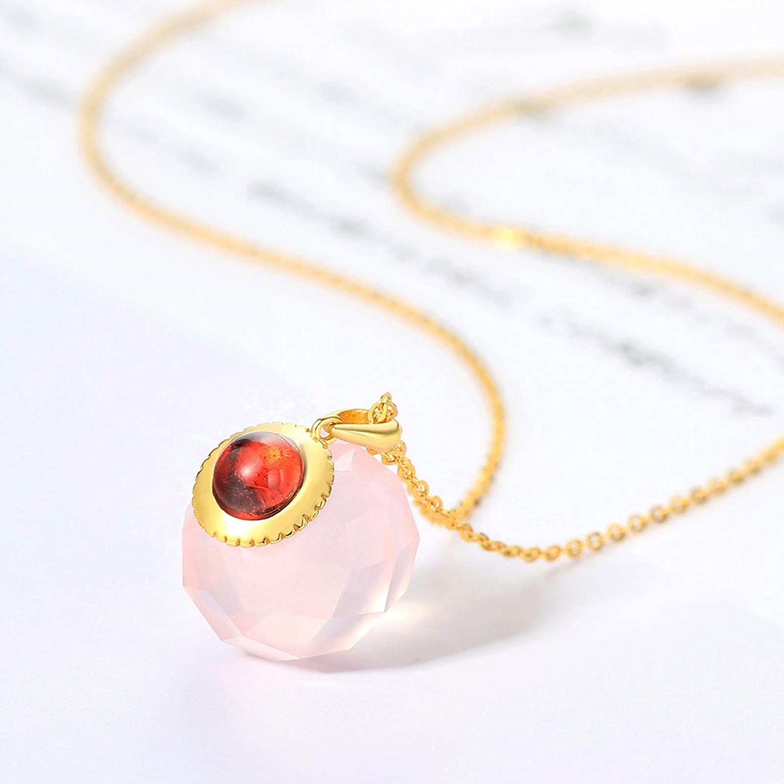 LOKILOKI Collar con Colgante De Bola De Cristal De Plata 925 para Mujer, Cadena Larga De Granate De Cuarzo Rosa Natural, Joyería Chapada En Oro