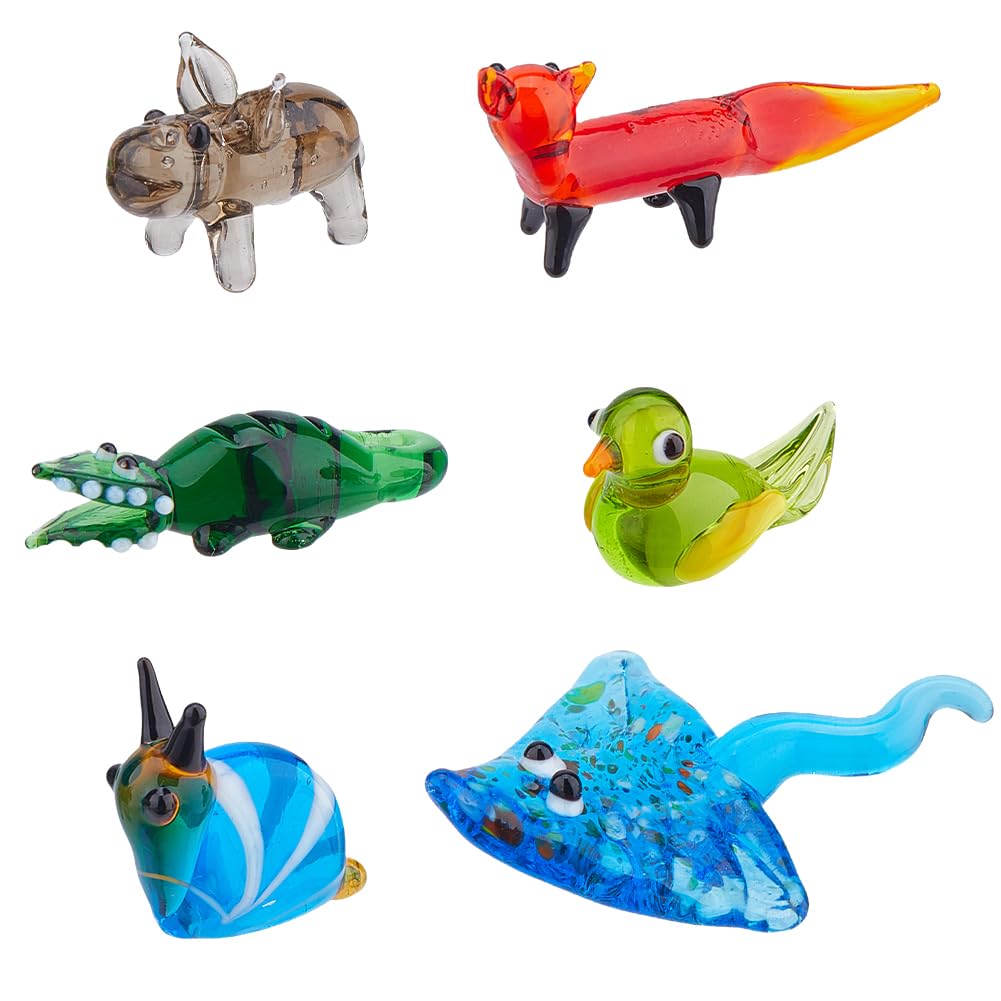 6Pcs Hand Blown Glass Figurines Miniature Animal Decor Colorful Glass Fox Crocodile Manta Ray Snail Hippo Bird Display Decorations for Home Collectible Gifts