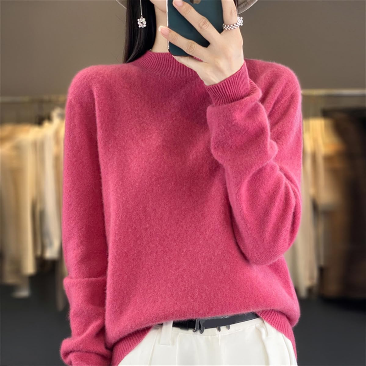 Suéteres de Cachemira para Las Mujeres, Jersey de Cachemira Suave, Cuello Redondo Jersey Caliente, Medio Cuello Alto suéteres de Manga
