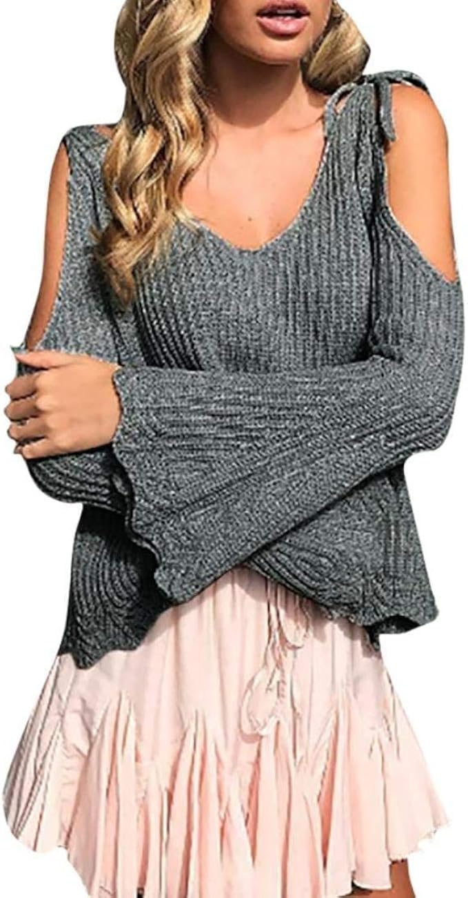 Lanceyy Sueter De Mujer Elegantes Trompeta Manga V Cuello Sin Tirantes