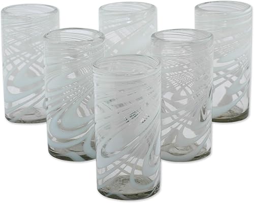 Miniatura 4 de NOVICA Whirling White (juego de 6) vasos de vidrio soplado Highball