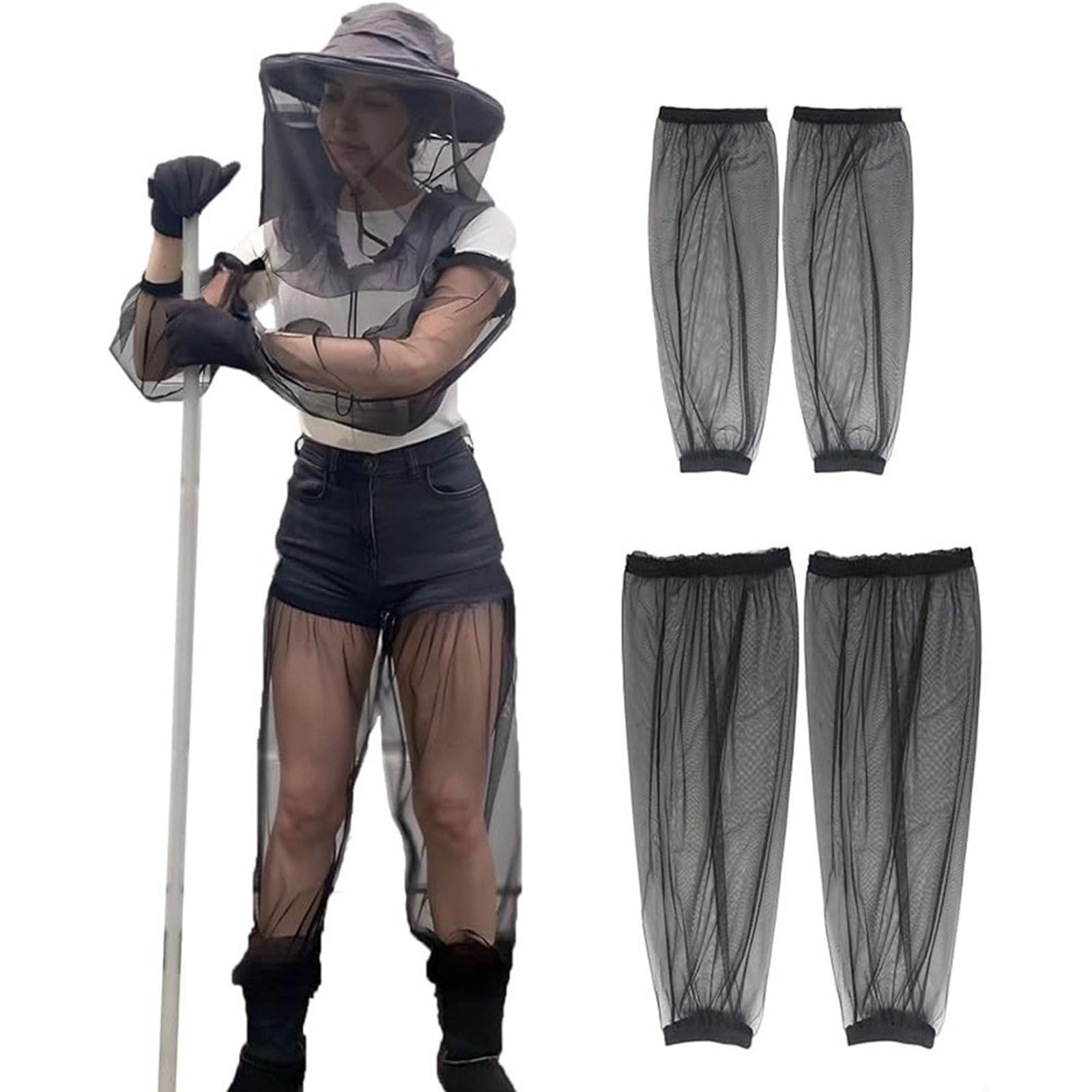 Zanzariera Testa in Rete, 5Pcs Cappello Zanzariera Traspirante Mesh Maniche Anti-Zanzare per Braccia e Gambe, Zanzariera a Maglia Fine per Il Viso con Borsa per Outdoor Pesca