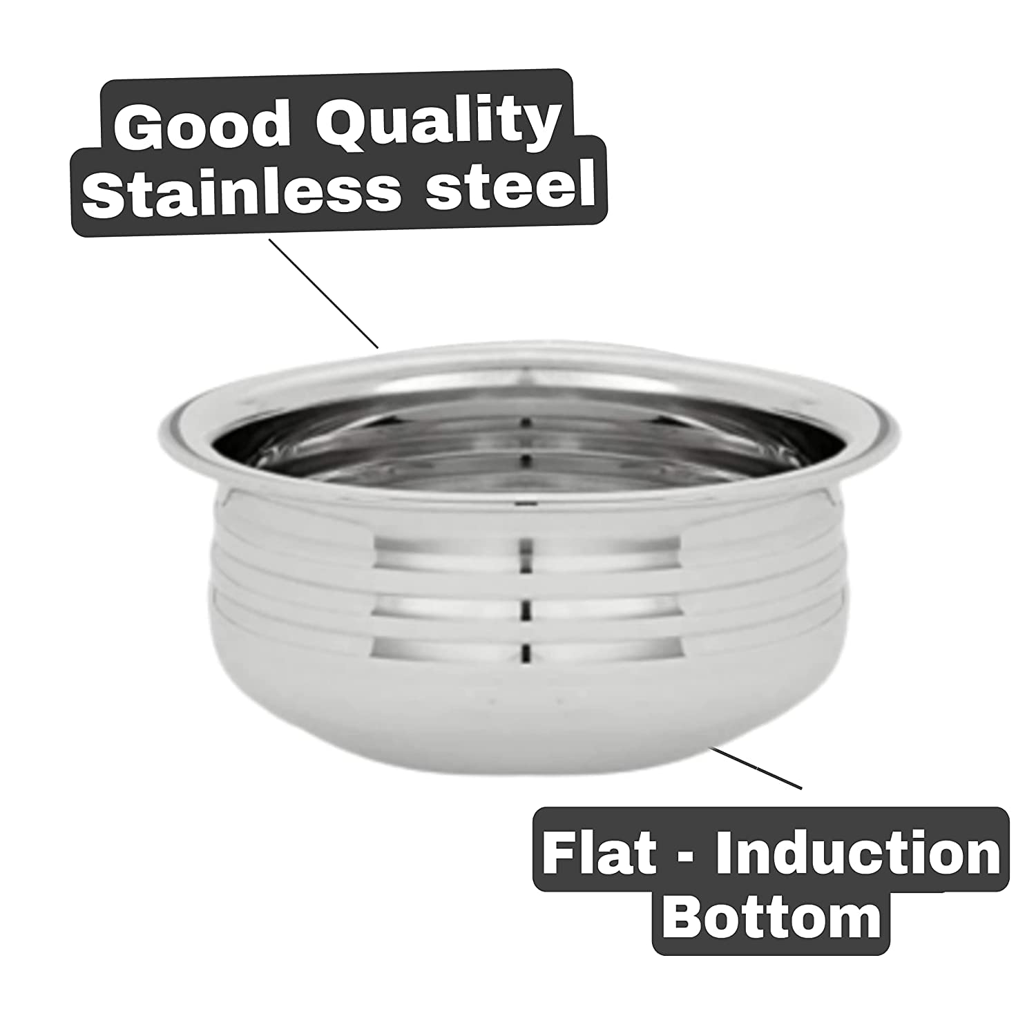 Nirvika Stainless Steel Handi Without lid - Kitchen Serving Cookware Cooking Bowl |Handi Set 5-Pieces|Biryani Handi 500ml, 750ml, 1000ml, 1500 ml, 2000 ml 2