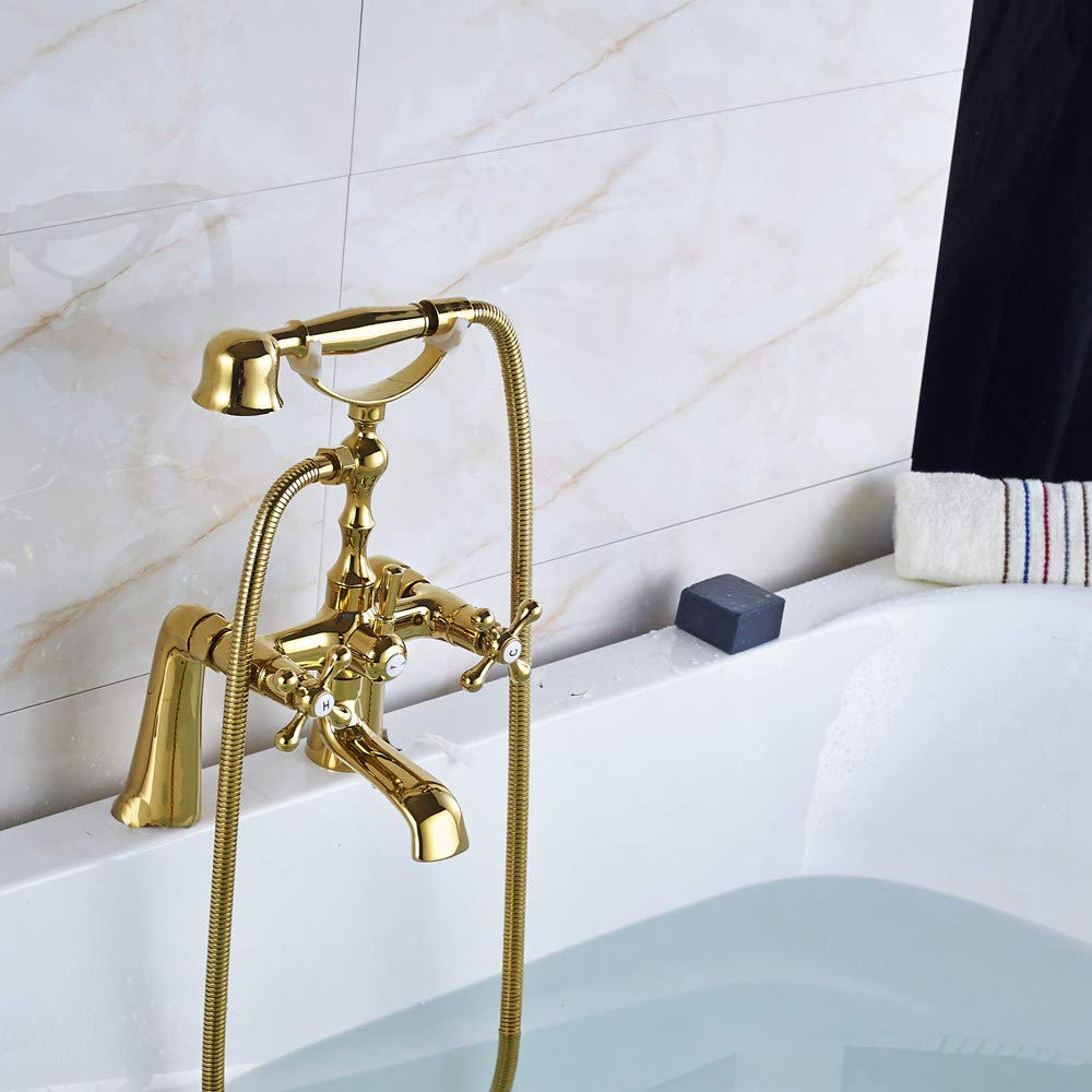 SBCGFY Floor Faucet Vanity Deck Mounted Dual Handles Shower Faucet Tub Mixer Tap Solid Brass Golden