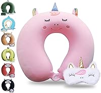 Sexysamba Pink Unicorn Kids Memory Foam Travel Neck Pillow with Eye Mask - Cute U-Shaped Headrest for Airplane, Car, Recliner