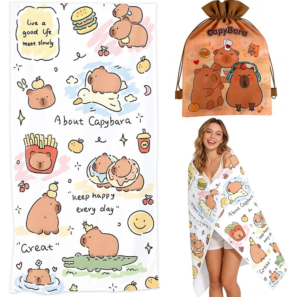 KMFASVX Cute Capybara Beach Towel, Microfiber Quick Dry Absorbent Bath Towel for Kids & Teens, Lightweight Soft Oversized Towel for Beach Pool Swim Yoga Travel, 80x160cm (C)