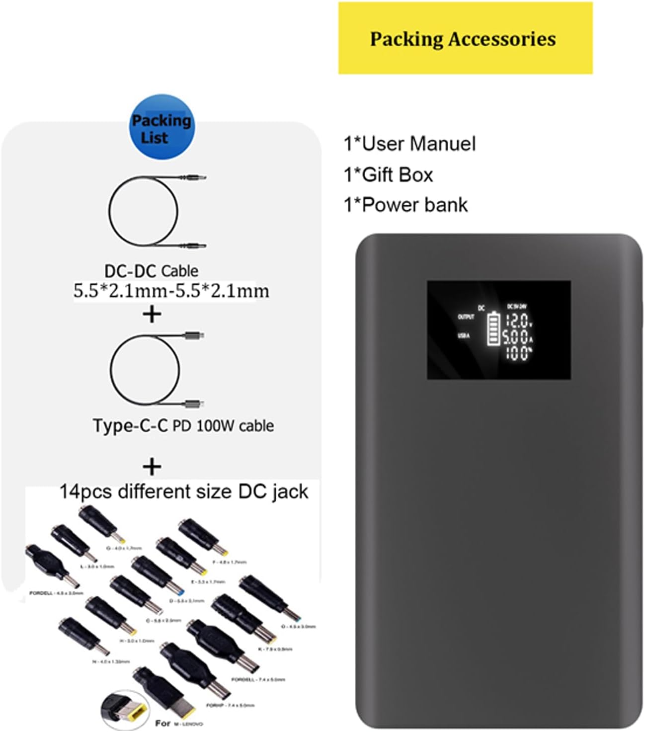 USB Type C PD 100W Portable Laptop Charger Power Bank Battery Pack DC Output 5V 7.4V 9V 12V 15V 16V 16.5V 18V 19V 19.5V 20V 24V 3A 4A For Macbook DELL HP Lenovo Steam deck Led Strip Tablet CPAP image 9 of 9 B0F4N65XR4