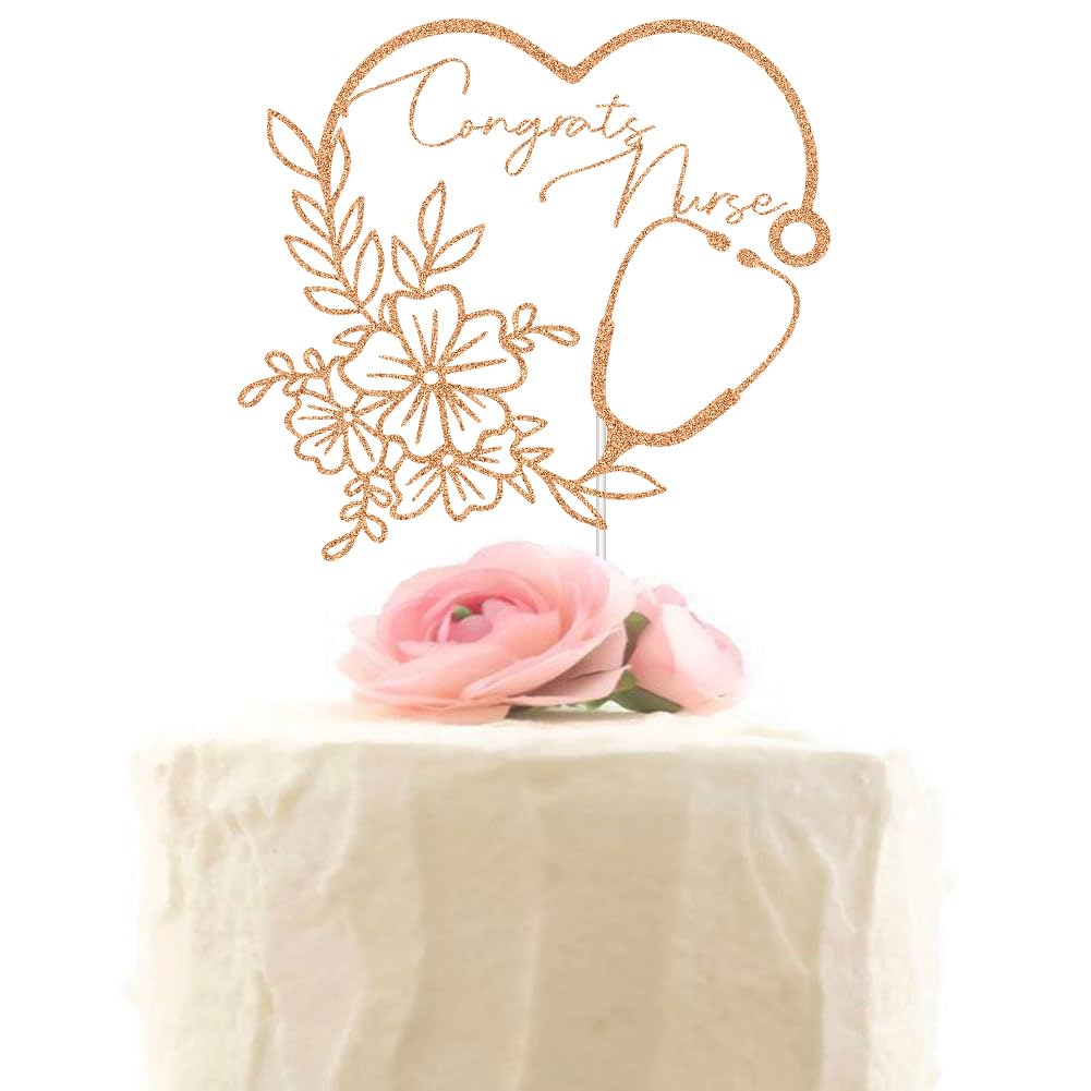 Congrats Nurse Cake Topper - Glitter Nursing BSN RN Graduation Cake Decor - Class of 2025 Medical School Graduate Party Decorations Rose Gold