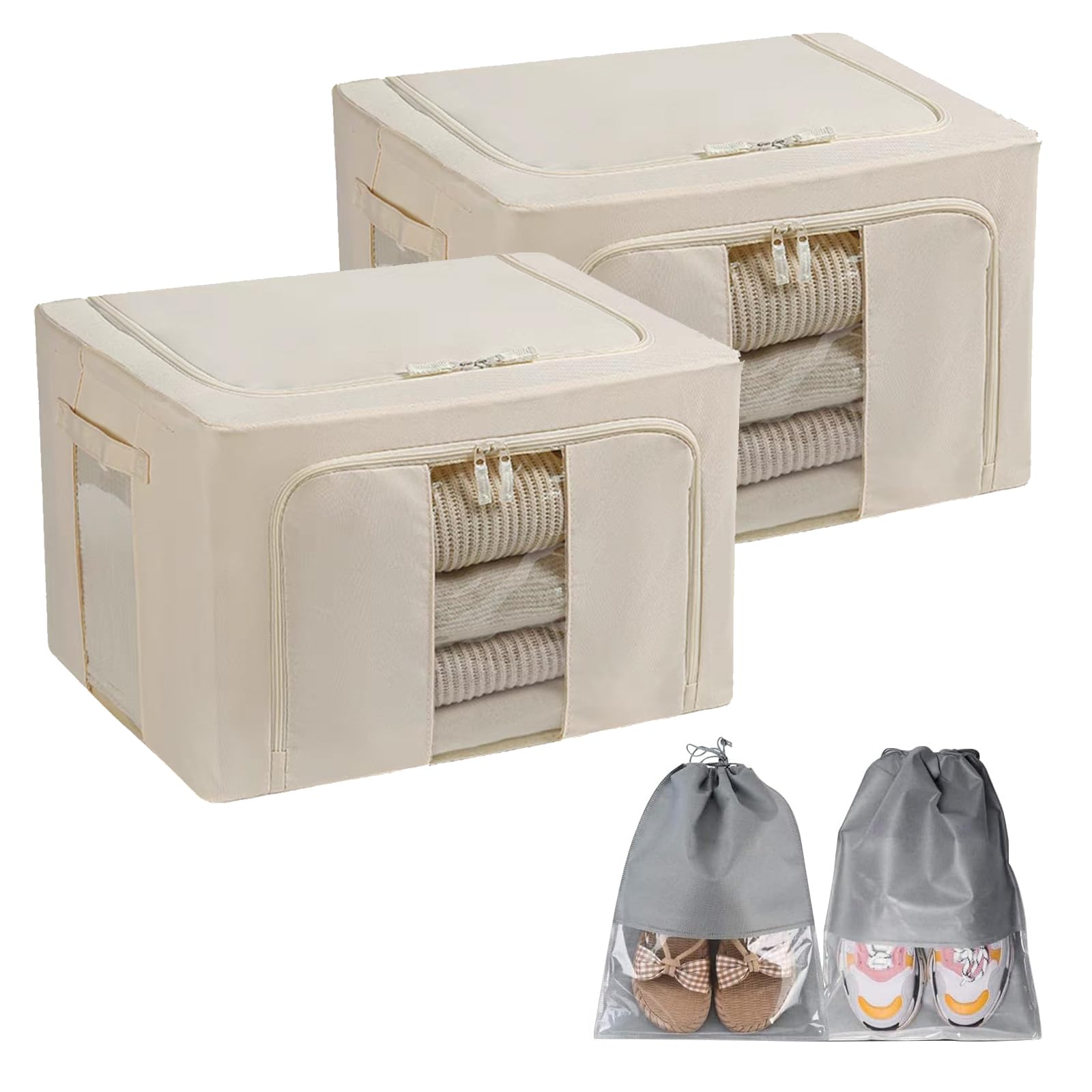 Clothes Storage Box (66L) with Shoe Bags,Clothes Bins,Foldable Closet Organizers with Strong Handles,Stackable Cloth Storage Bags,Dustproof Boxes for Blanket Pants Books Toys