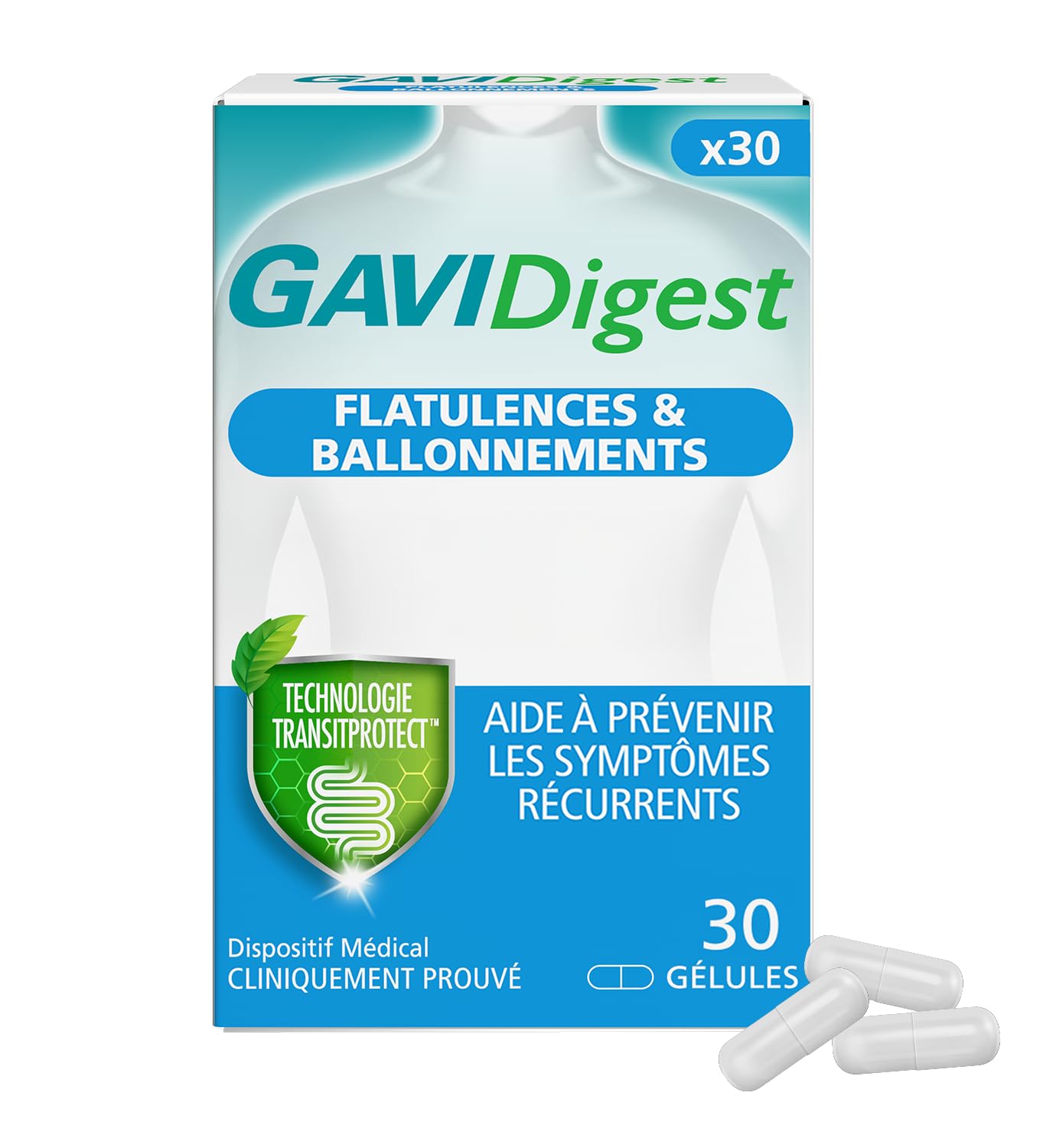 GAVIDigest Flatulences et Ballonnements, 30 gélules, sans gluten, sans lactose