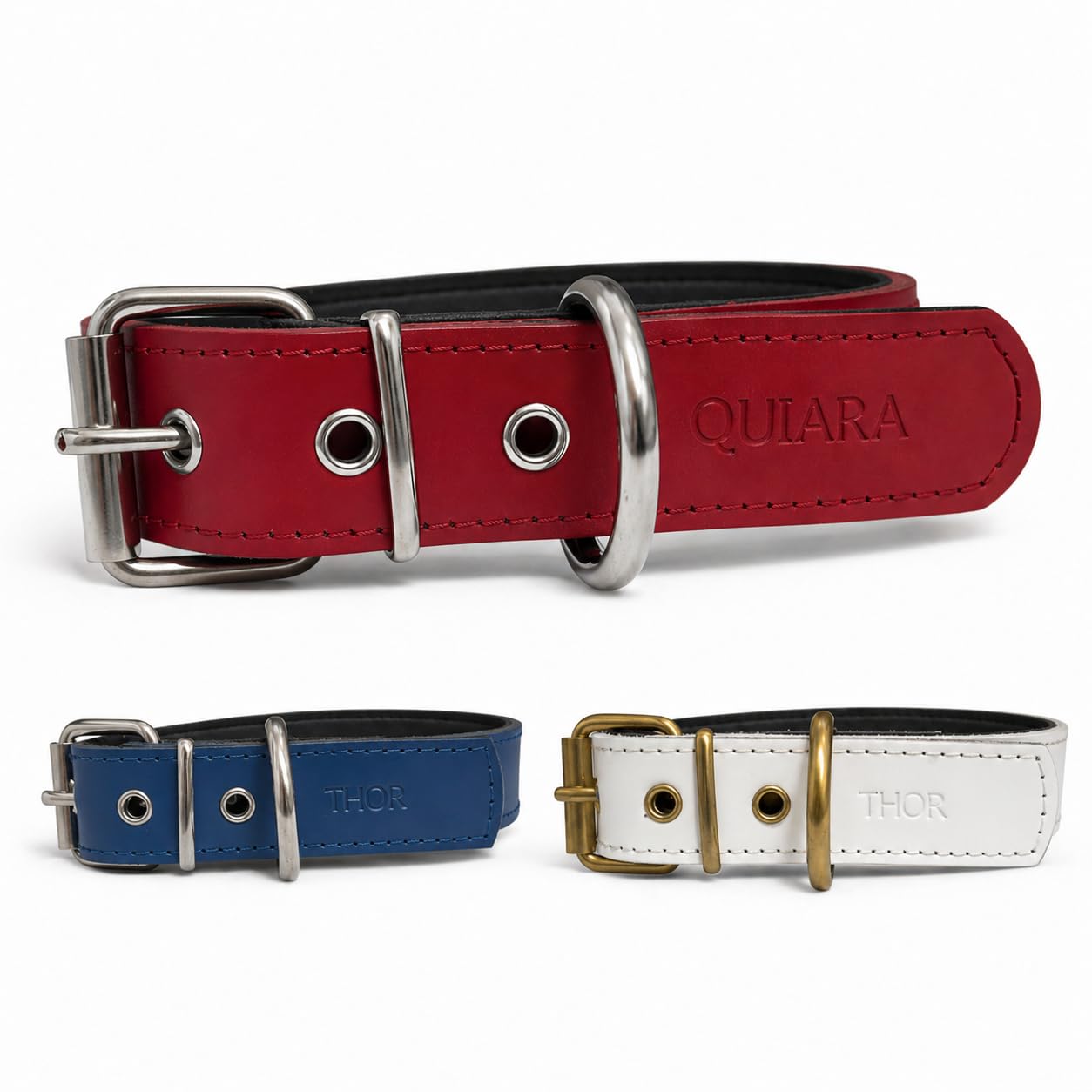 Collier pour Chien en Cuir avec Rembourrage – Personnalisable avec Nom Gravé – Fait Main, Résistant et Élégant – Porte-clés Personnalisé Offert (Rouge, L : Tour de Cou 41–51 cm)