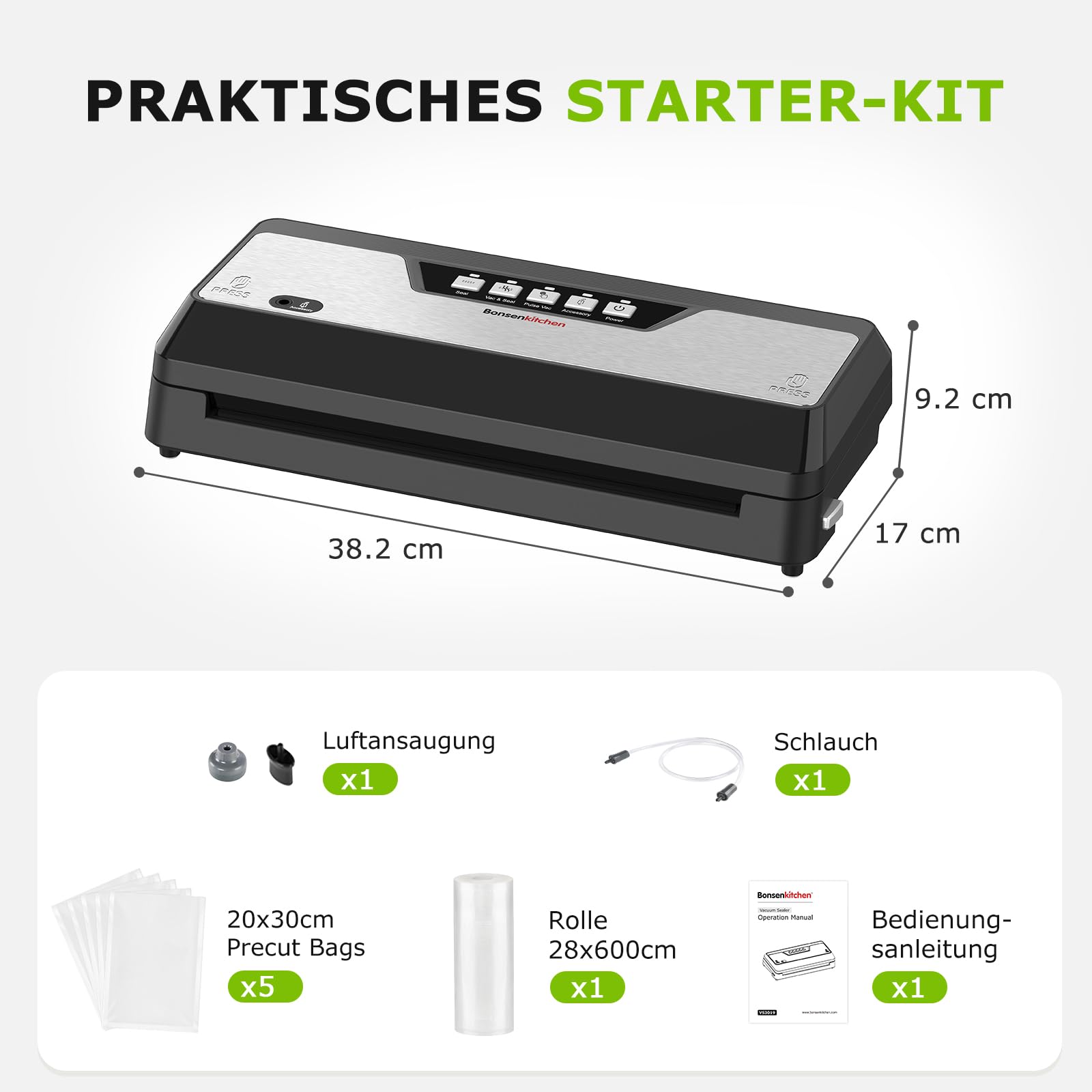 Bonsenkitchen Vakuumiergerät für Lebensmittel, Kompakt, Mehrfach-Modi, inkl. 1 Rolle und 5 Beutel, Schwarz