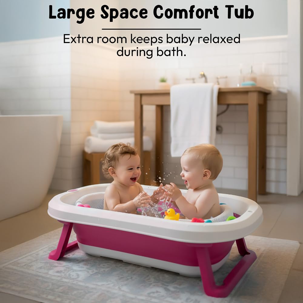 StarAndDaisy Bath Tub for Baby 0-5 Years/Foldable Bath tub for Kids with Cushion, Space Saving Design, Newborn Baby Folding Bathing Tub Girls & Boys, Easy to Store- Pink 1