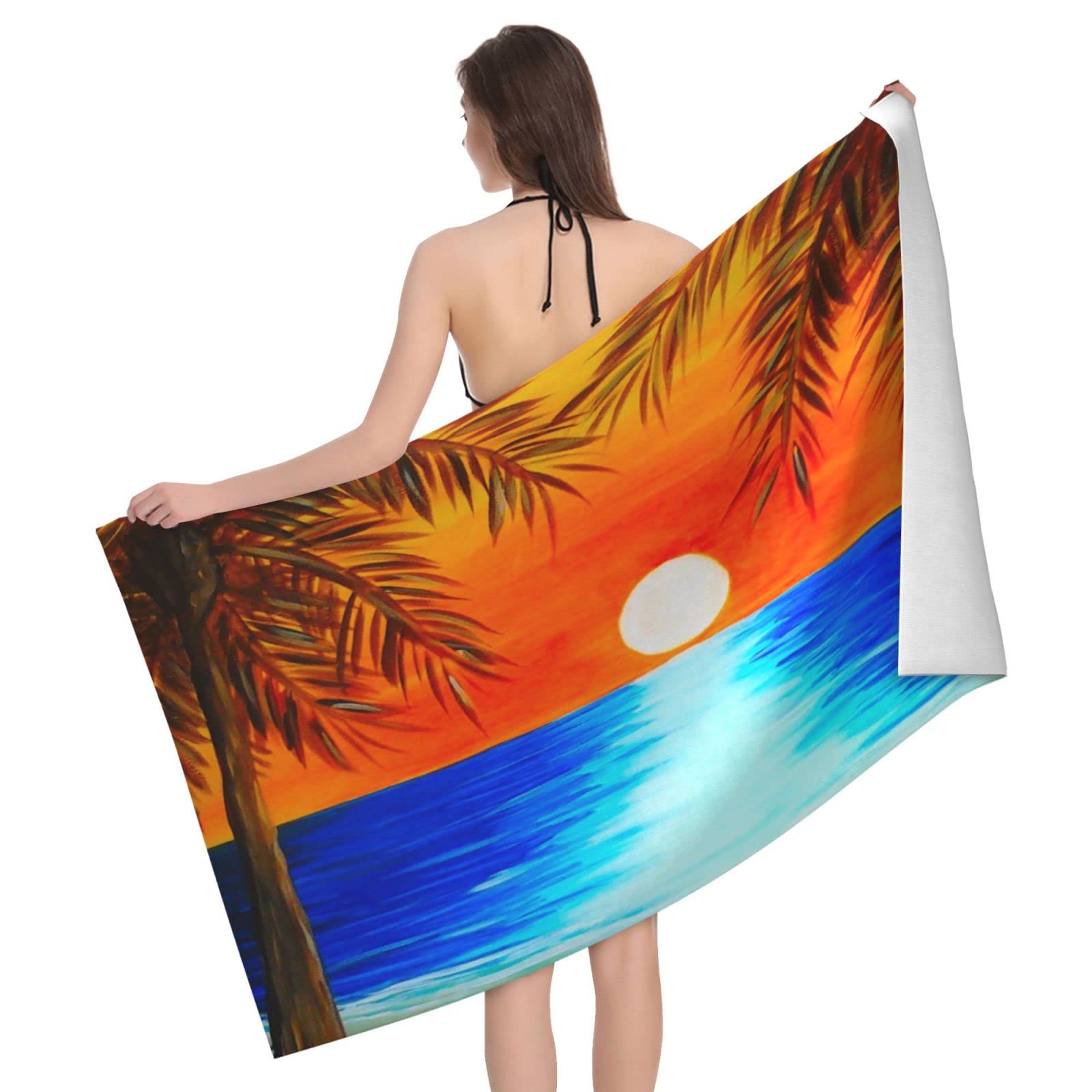 Lawenp Sunset and Palm Trees Beach Towel, Lightweight Sand Free Quick Dry Microfiber Absorbent Bath Towel for Kids, Adults, Swimming, Bath, Yoga, Pool, Travel, Camping 32"X52"