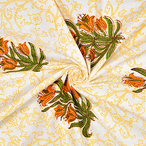Image of BLOCKS OF INDIA Hand Block Printed Cotton Daylight Semi Sheer Curtains with Eyelets(Set of 2 Semi Sheer Curtains) (Yellow Flower, 7 Feet /Door)