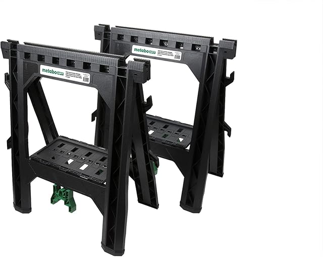 Metabo HPT Folding Sawhorses, Heavy Duty Stand, 4 Sawbucks, 1200 Pound Capacity, Built-in Cord Hooks and Shelves, 2-Pack (115445M)