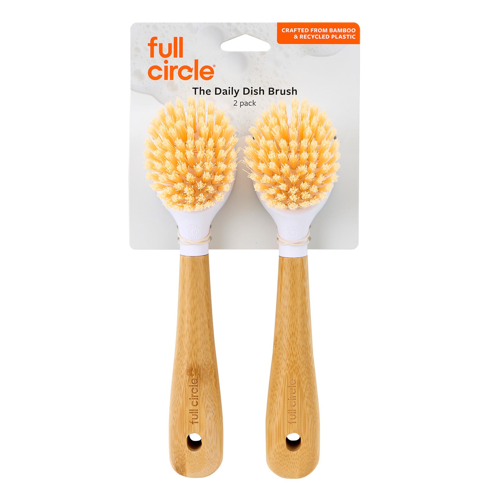 Full Circle White Be Good Bamboo Dish Brushes – Sustainable, Tough-Bristle Scrubbers For Dishes, Pots & Pans - Long Handle, Ideal For Cast Iron, Pack Of 2,