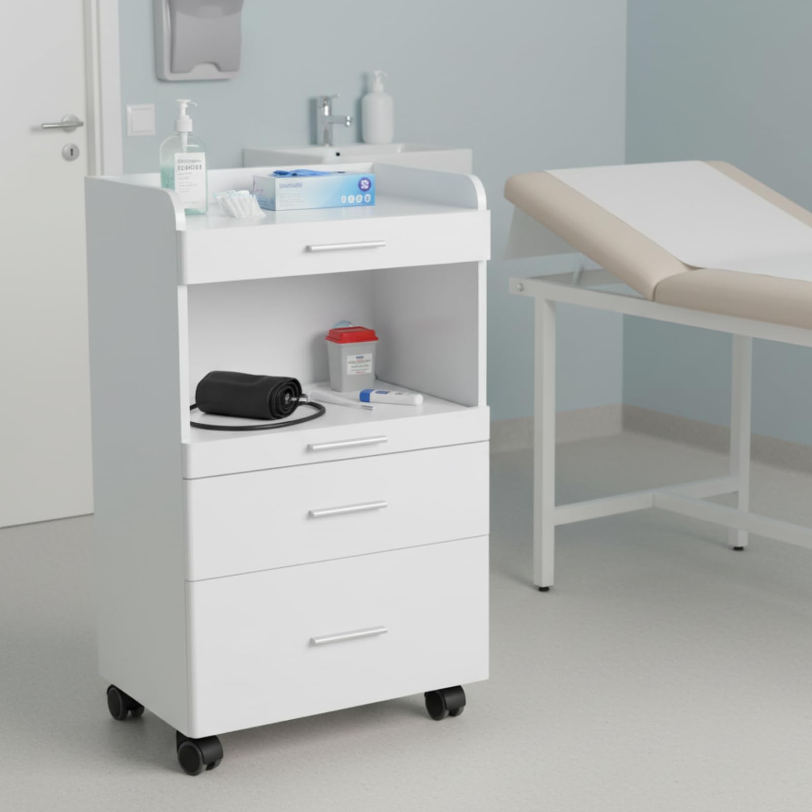 Beistellwagen 19 D SF – Stilvoller Arbeitswagen mit 3 Schubladen & zusätzlichem Stauraum, ausziehbare Ablage, mobil mit Rollen, ideal für Kosmetikstudios & Salons, Zeitloses Design