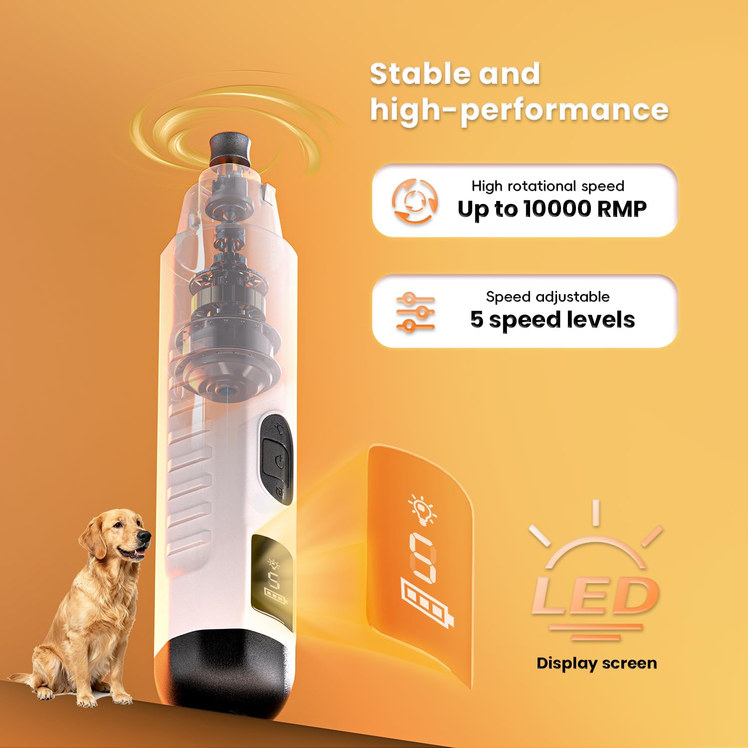 Broyeur à ongles pour chien Silent Groom Pro, broyeur à ongles pour chien à 5 vitesses avec lumière LED, 40 dB, toilettage silencieux et indolore des pattes pour chiens de petite, moyenne et