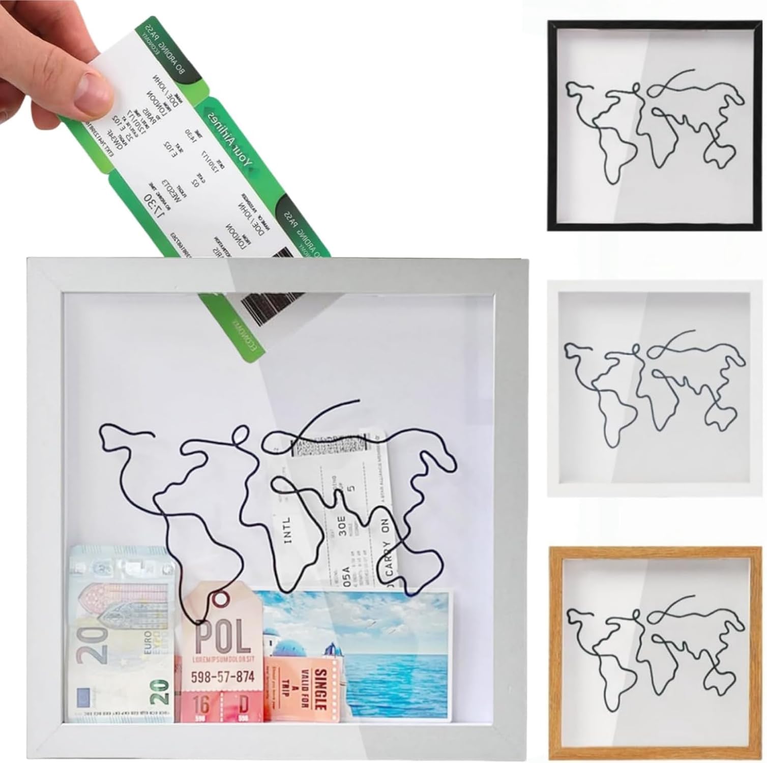 House of Quirk Travel Adventure Archive Shadow Box for Memories, Shadow Keepsake Box with Slot On Top, Life in a Shadow Box Travel Gift Frame (8" x 8" inch Medium, White)