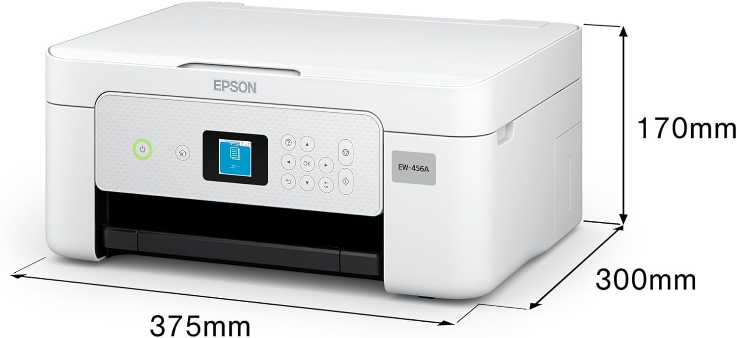 Diagram showing the dimensions of the Epson EW-456A printer: 375mm width, 300mm depth, 170mm height.