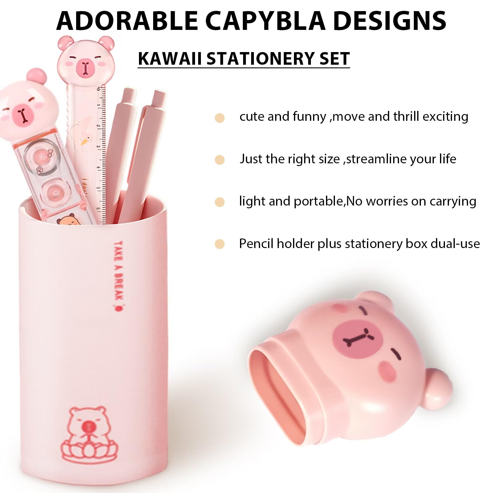 Capybara - Juego de papelería, bonitos suministros escolares, juego de regalo de papelería, regalos de cumpleaños japoneses, incluye sacapuntas, borrador, cinta correctora, regla, para suministros