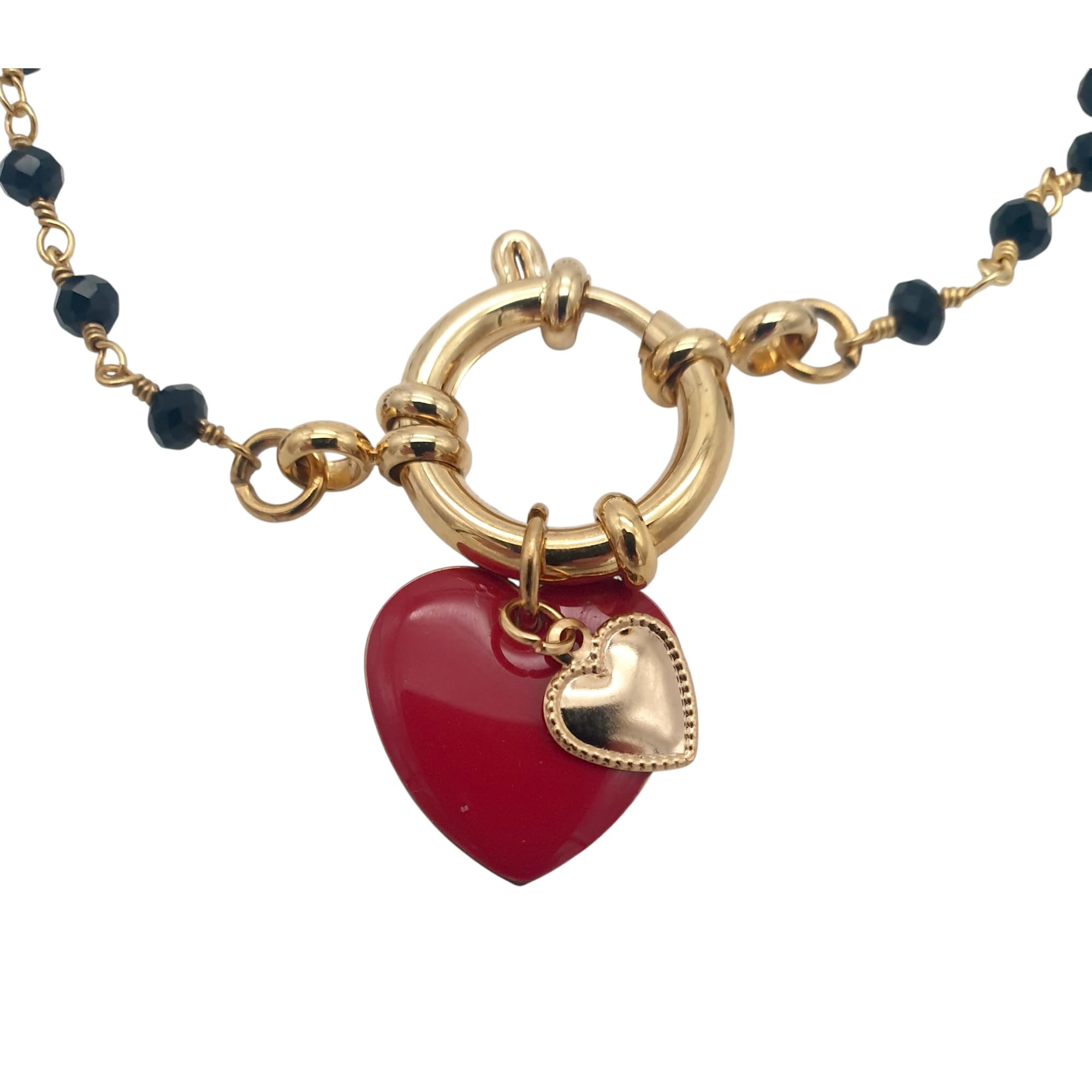 stylen Bracciale Donna con Grani Neri e Ciondoli Cuore in Acciaio, Braccialetto con Cuore Rosso Smaltato e Chiusura a Timone, Idea Regalo Elegante