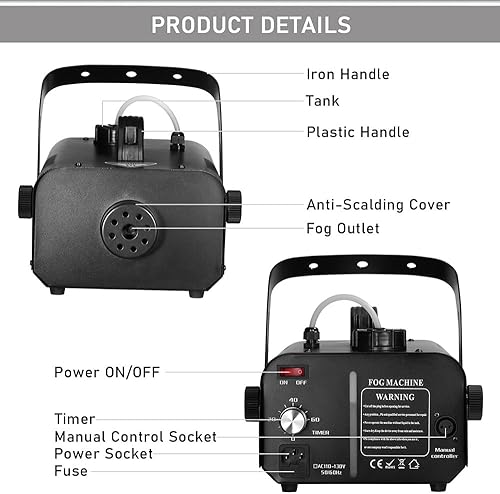 Miniatura 6 de Máquina de niebla de 1000 W con temporizador, control remoto inalámbrico y control manual, ideal para Halloween, fiestas, actuaciones en escenario,