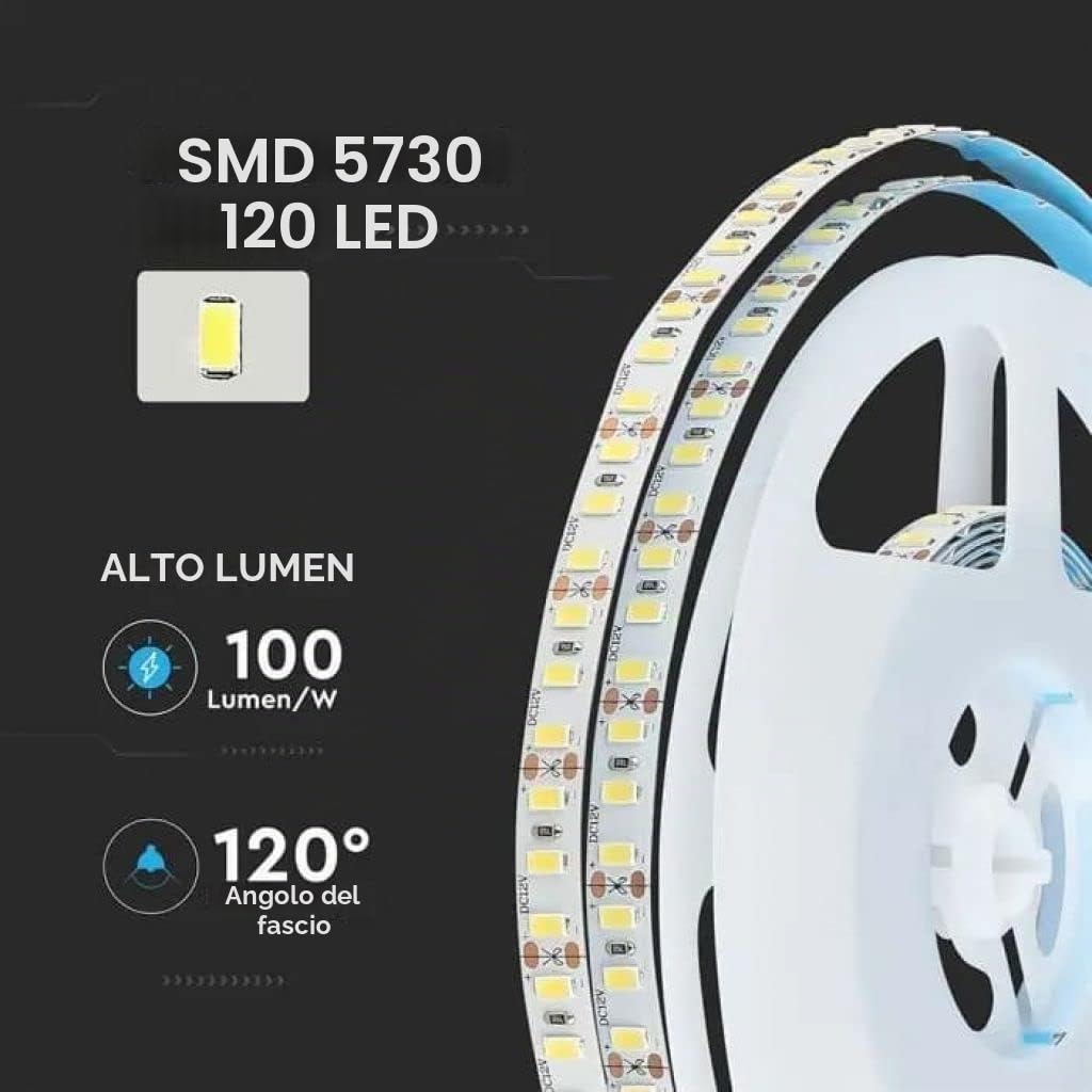 V-TAC Striscia Led da Interno SMD 5730 20W - 5 Metri - Striscia LED Adesiva per Casa, Cucina, Camera, Ambienti Interni - Colore della Luce Bianca Fredda 6500k - Strisce LED Alta Luminosità - 12V