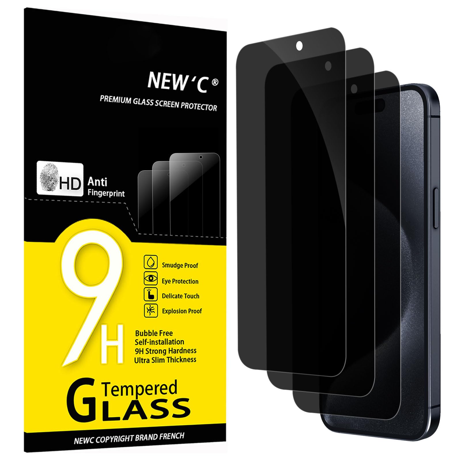 NEW'C 3 Pezzi, Pellicola Protettiva Privacy per iPhone 15/15 Pro (6,1 Pollici), Angolo di Privacy 28 Gradi Migliorato, Durezza Ultra Resistente 9H, Senza Bolle