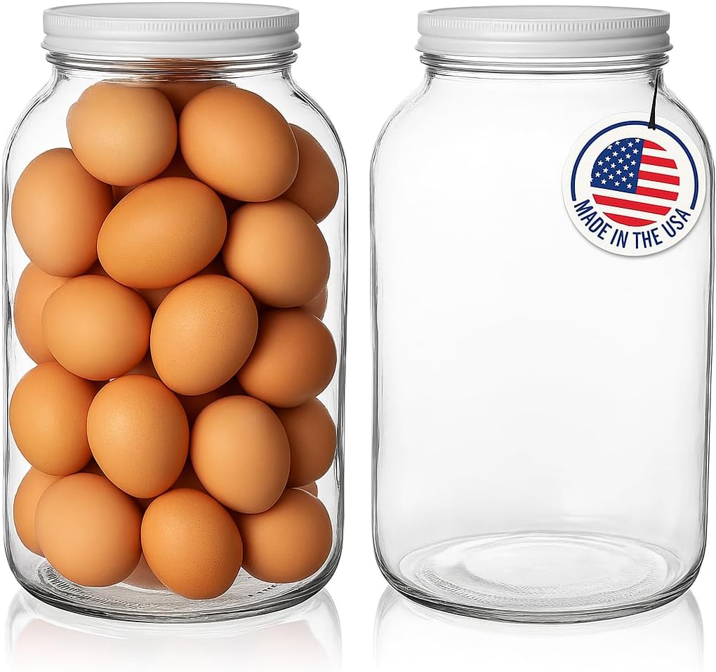 kitchentoolz 1 Gallon Glass Mason Jar with Airtight Lid for Water Glassing Eggs & Pickled Egg with Pickling Lime– Wide Mouth, BPA-Free, Made in USA – 2 Pack
