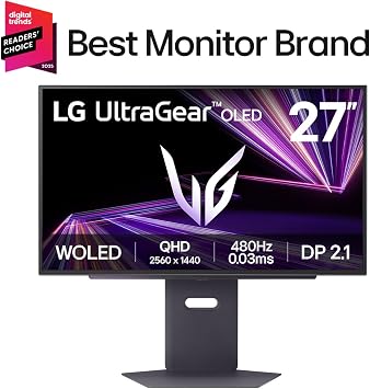LG 27GX790A-B 27-inch Ultragear OLED Gaming Monitor QHD 1440p 480Hz, 0.03ms, DisplayPort 2.1, True Black 400, NVIDIA G-Sync, AMD FreeSync Premium Pro, HDMI, USB, Tilt/Height/Swivel/Pivot Stand, Black